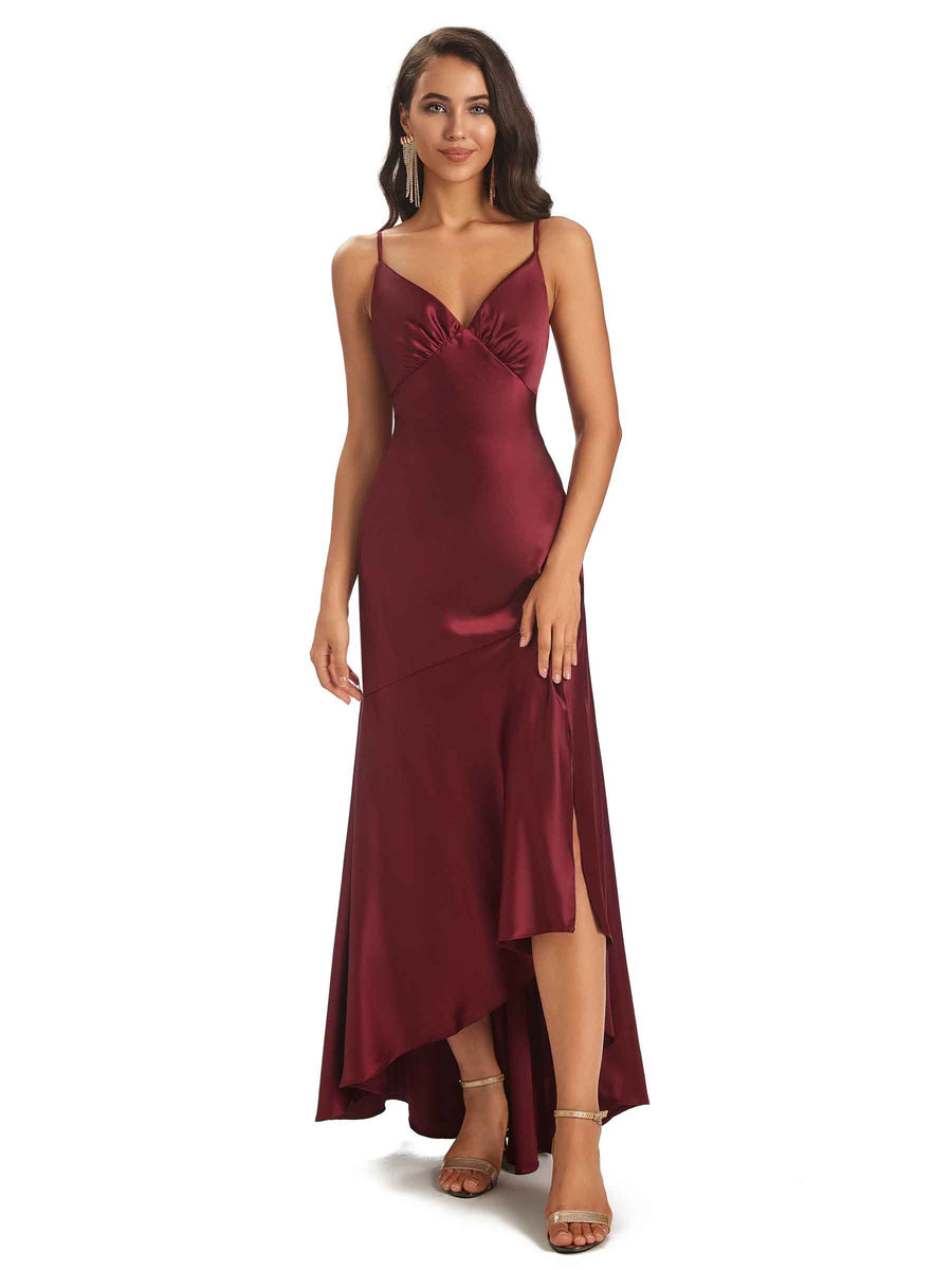 Spaghetti Straps Asymetric Sheath Soft Satin Side Slit HIgh Low Bridesmaid Dresses