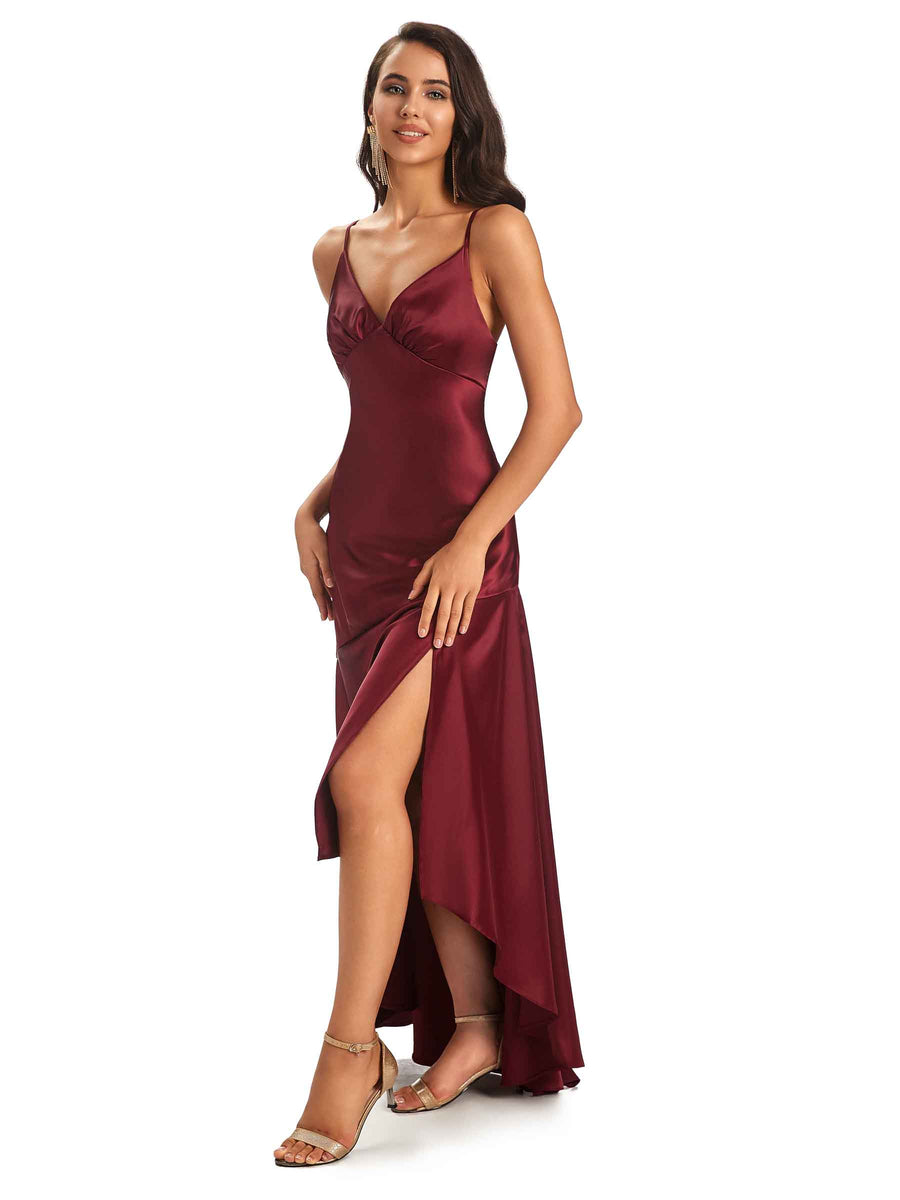 Spaghetti Straps Asymetric Sheath Soft Satin Side Slit HIgh Low Bridesmaid Dresses