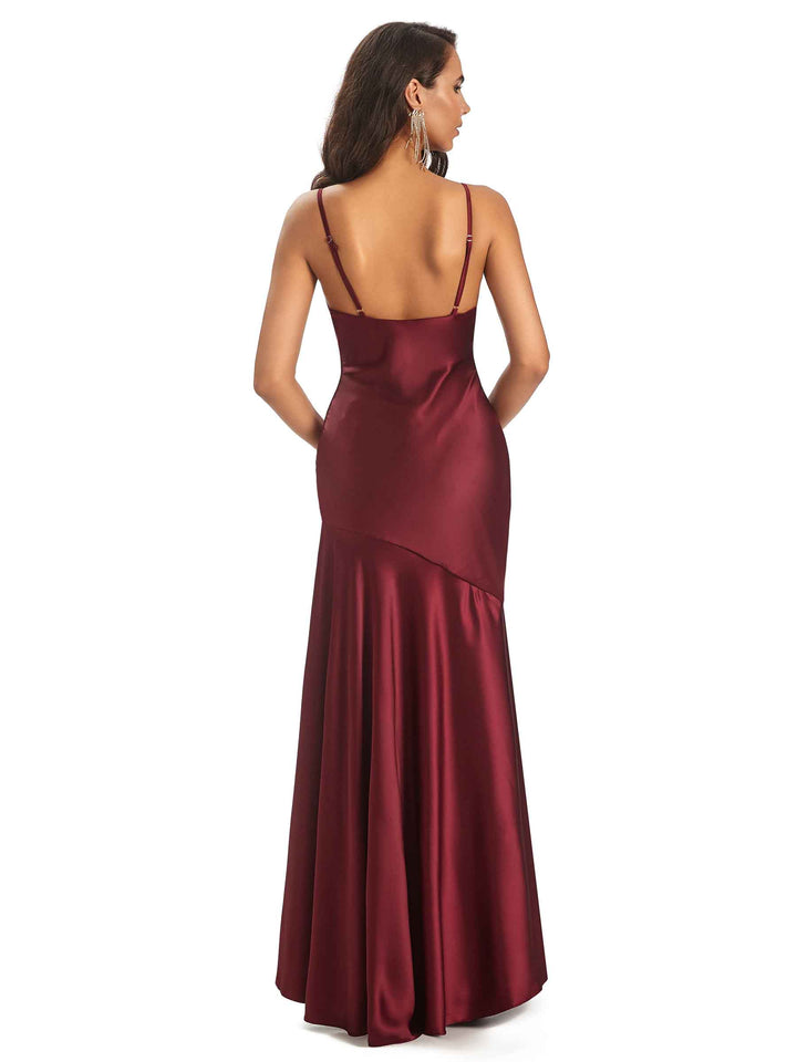 Spaghetti Straps Asymetric Sheath Soft Satin Side Slit HIgh Low Bridesmaid Dresses