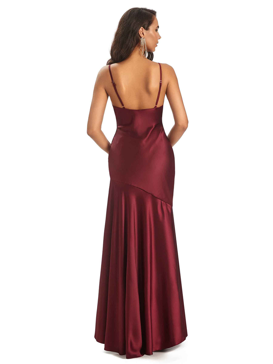 Spaghetti Straps Asymetric Sheath Soft Satin Side Slit HIgh Low Bridesmaid Dresses