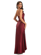 Spaghetti Straps Asymetric Sheath Soft Satin Side Slit HIgh Low Bridesmaid Dresses