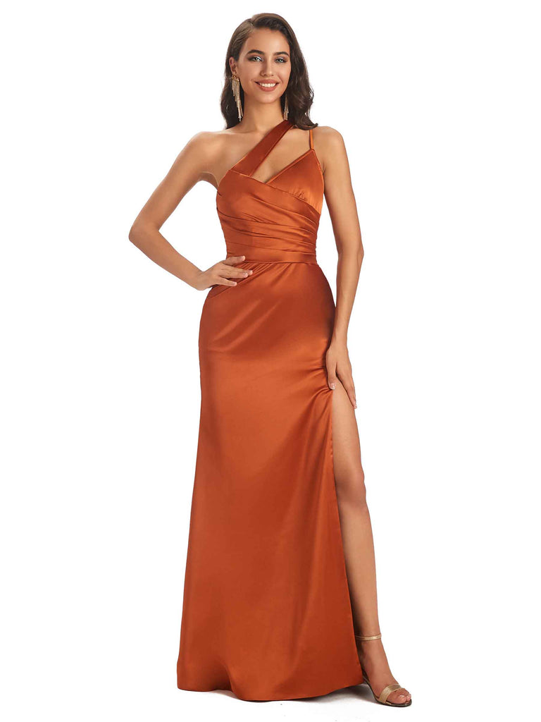 Elegant Soft Satin Side Slit One Shoulder Floor-Length Maxi Bridesmaid Dresses Online