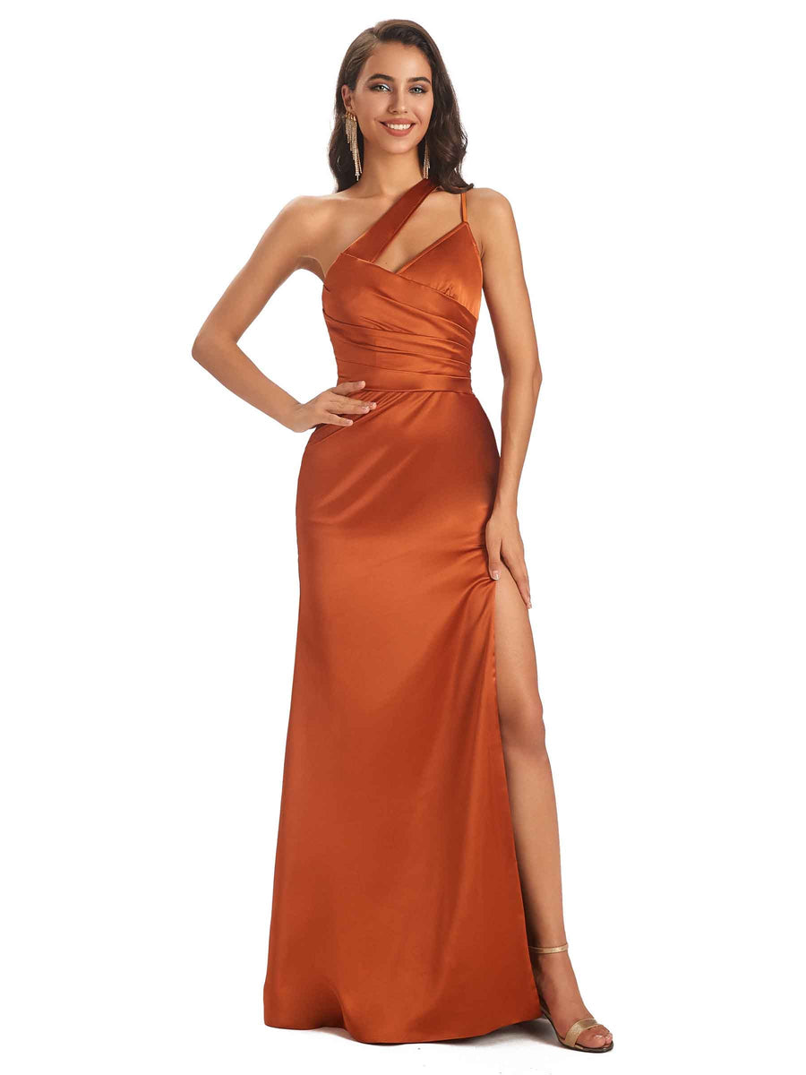 Elegant Satin Side Slit One Shoulder Long Mermaid Prom Dresses Online