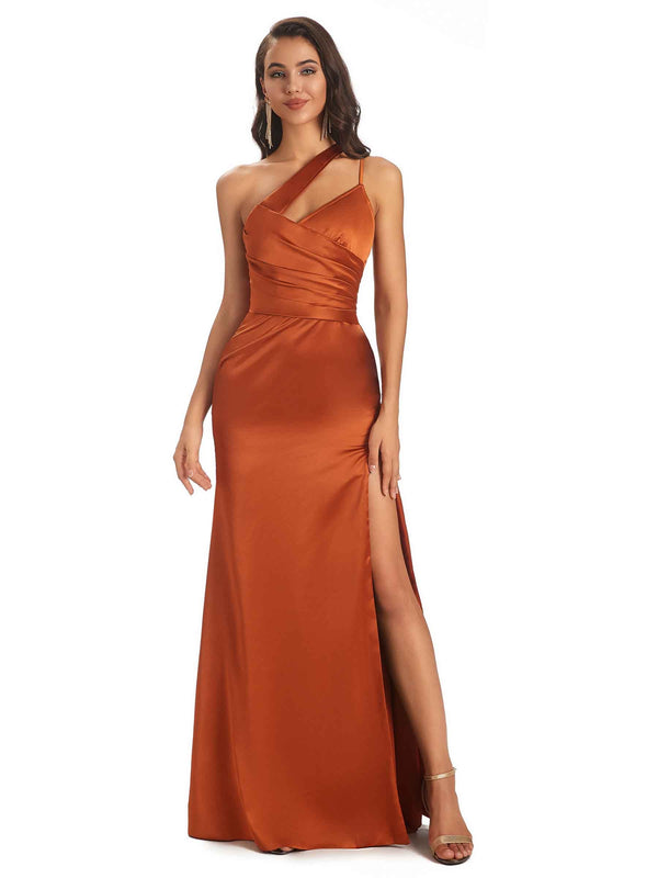 Elegant Satin Side Slit One Shoulder Long Mermaid Party Prom Dresses Online For Sale