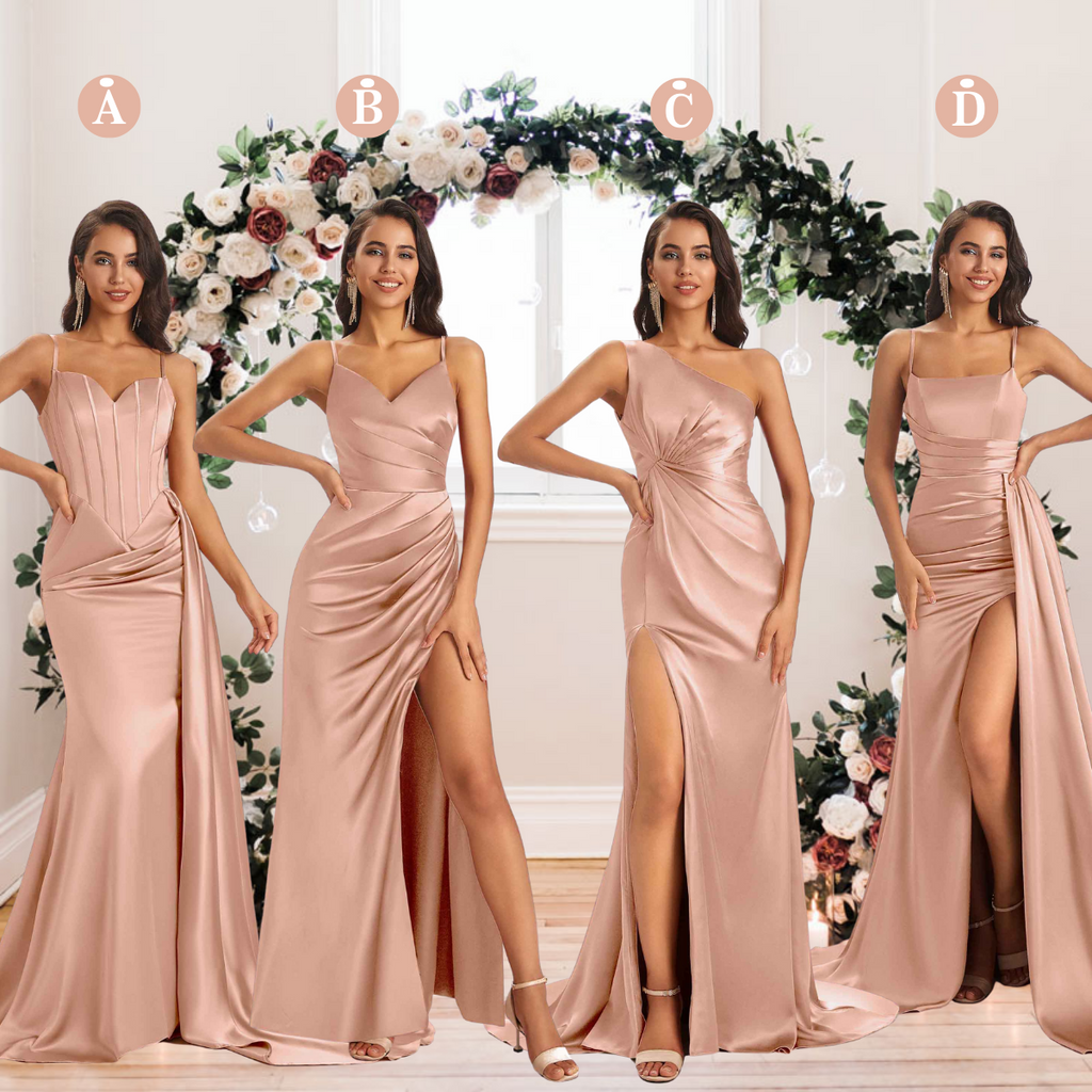 Mismatched Rose-Gold Sexy Side Slit Mermaid Soft Satin Long Bridesmaid –  ChicSew