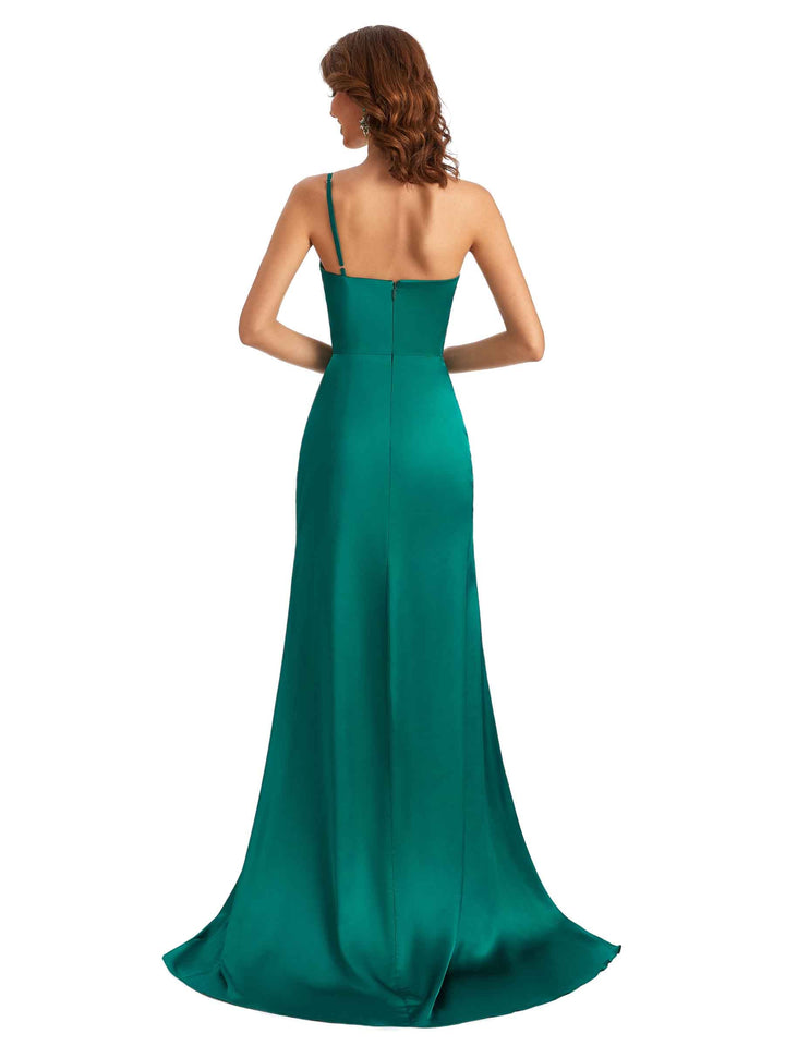 Sexy Silky Satin Side Slit One Shoulder Unique Long Wedding Guest Maxi Dresses