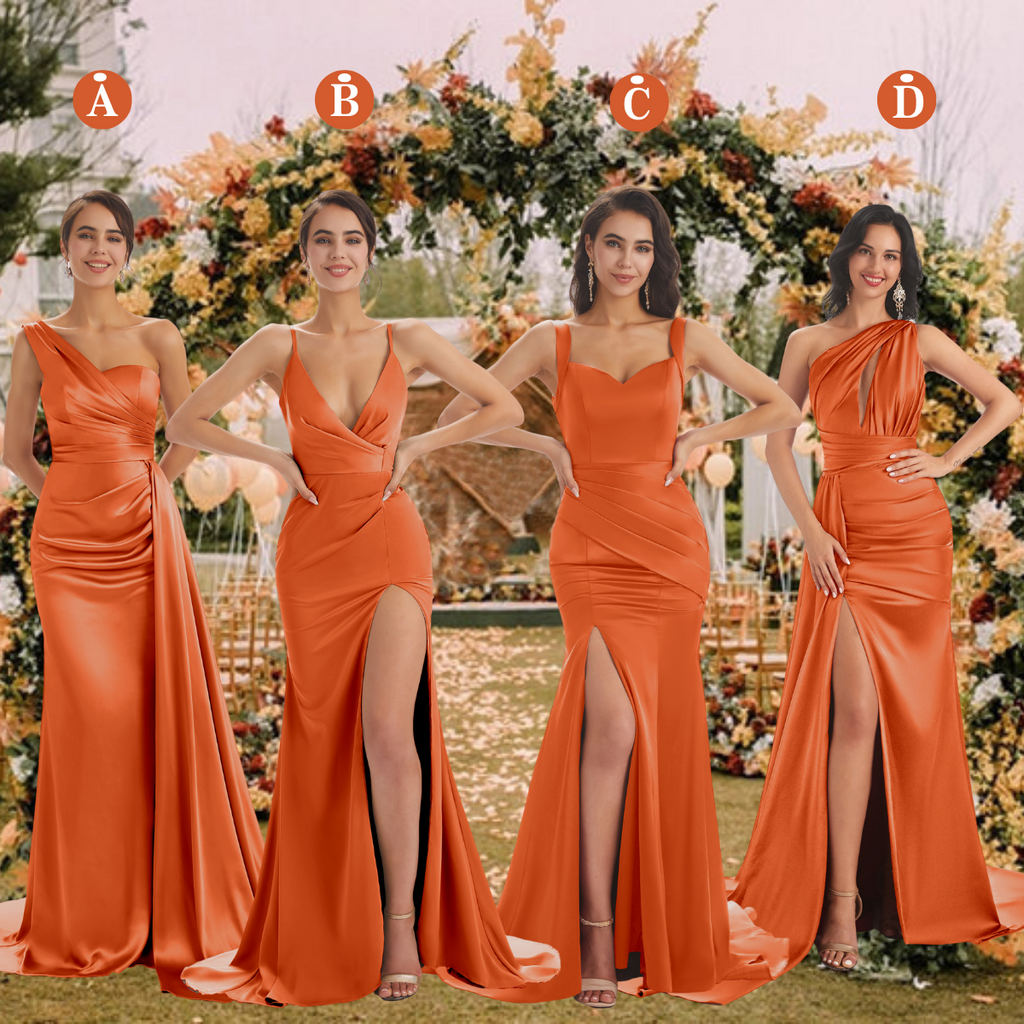 Mismatched Papaya Sexy Side Slit Mermaid Soft Satin Long Bridesmaid Dresses Online Mismatched Papaya Sexy Side Slit Mermaid Soft Satin Long Bridesmaid Dresses Online