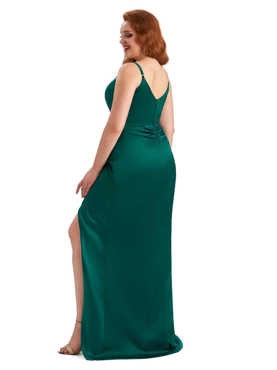 Plus Size Sexy Side Slit Spaghetti Straps Mermaid V-neck Soft Satin Long Bridesmaid Dress