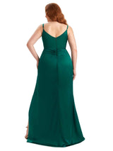 Plus Size Sexy Side Slit Spaghetti Straps Mermaid V-neck Soft Satin Long Bridesmaid Dress