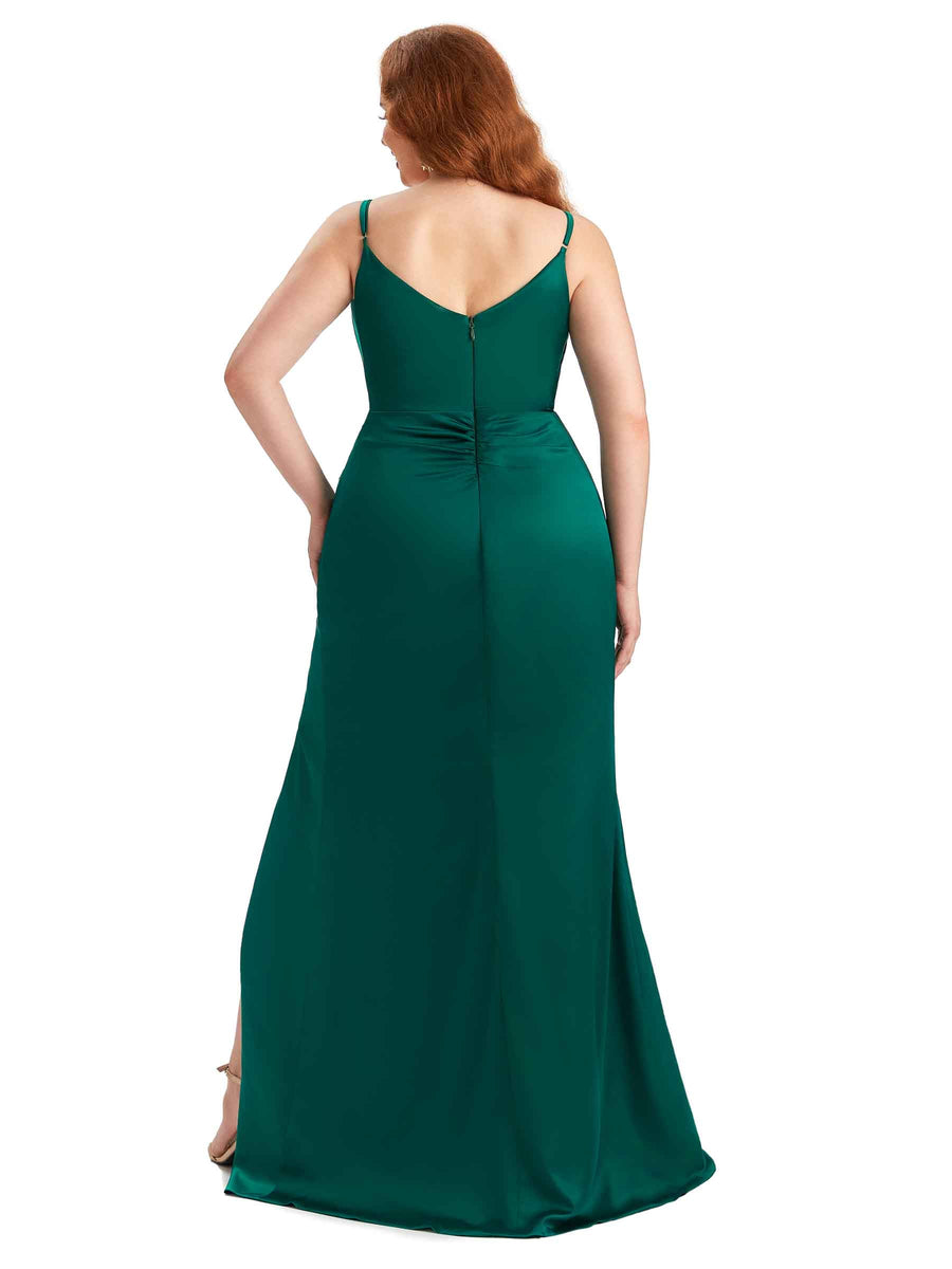 Plus Size Sexy Side Slit Spaghetti Straps Mermaid V-neck Soft Satin Long Bridesmaid Dress