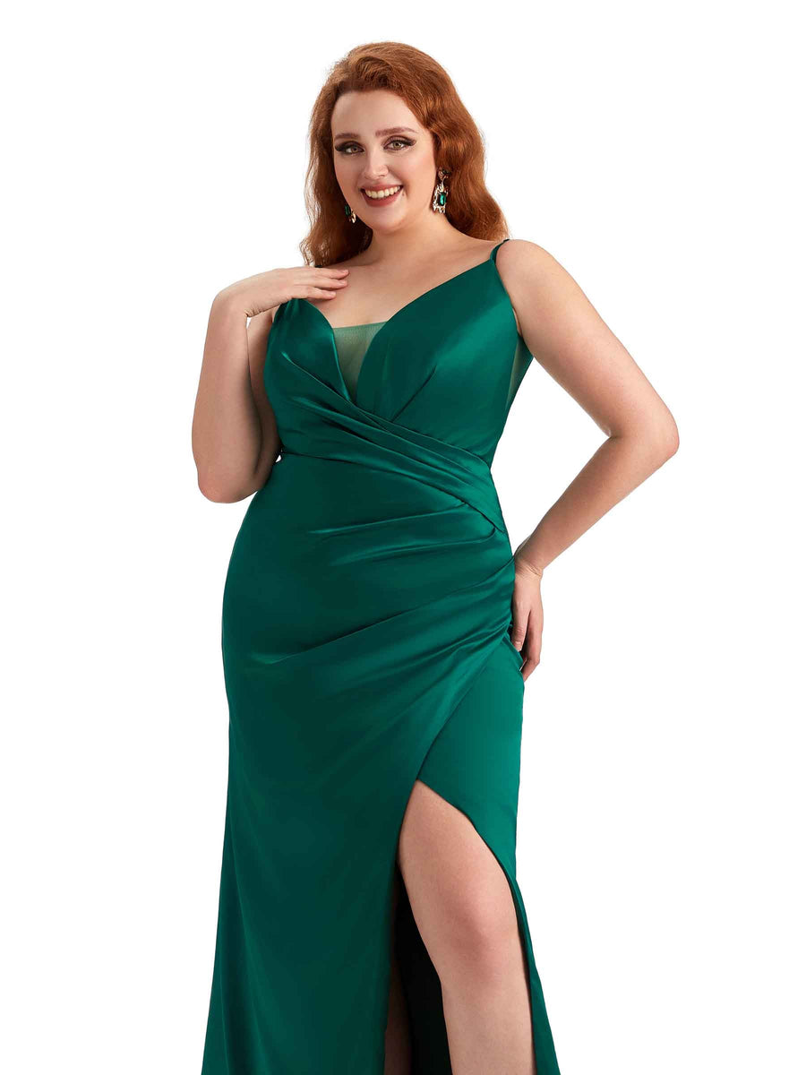 Plus Size Sexy Side Slit Spaghetti Straps Mermaid V-neck Soft Satin Long Bridesmaid Dress