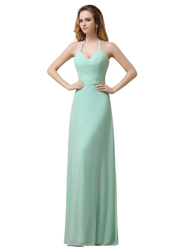 Halter Chiffon A-line Sleeveless Floor-Length Long Bridesmaid Dresses