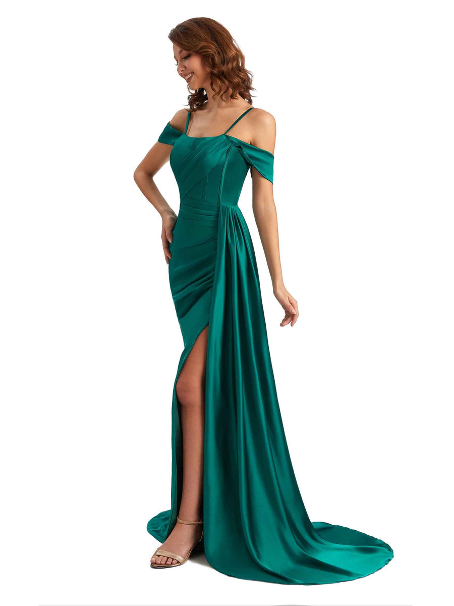 Sexy Side Slit Cold Shoulder Mermaid Satin Chic Long Wedding Guest Dresses