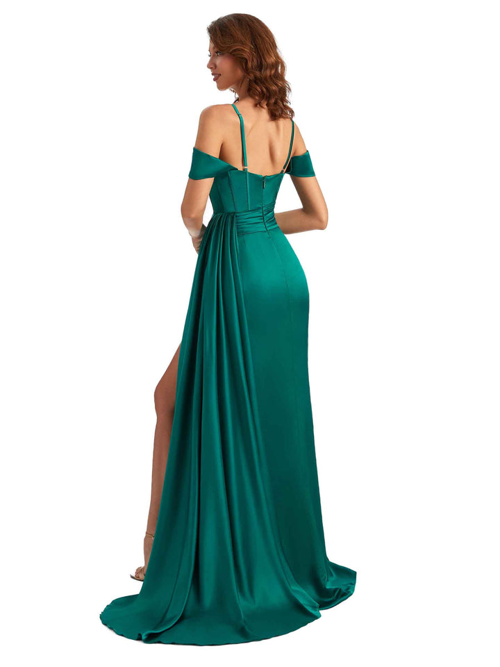 Sexy Side Slit Cold Shoulder Mermaid Satin Chic Long Wedding Guest Dresses