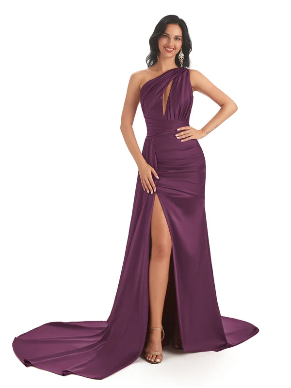 Mismatched Grape Sexy Side Slit Mermaid Soft Satin Long Bridesmaid Dresses Online