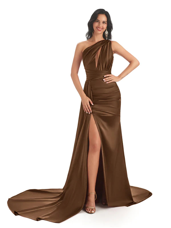 Mismatched Brown Sexy Side Slit Mermaid Soft Satin Long Bridesmaid Dresses Online