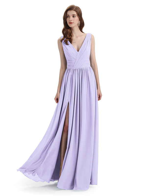 Popular Lilac Ruched Tulle V Neck Sleeveless Bridesmaid Gown - VQ
