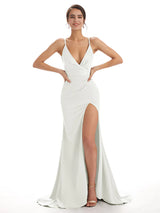 Mismatched Ivory Sexy Side Slit Mermaid Soft Satin Long Bridesmaid Dresses Online