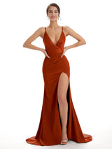 Mismatched Rust Sexy Side Slit Mermaid Soft Satin Long Bridesmaid Dresses Online