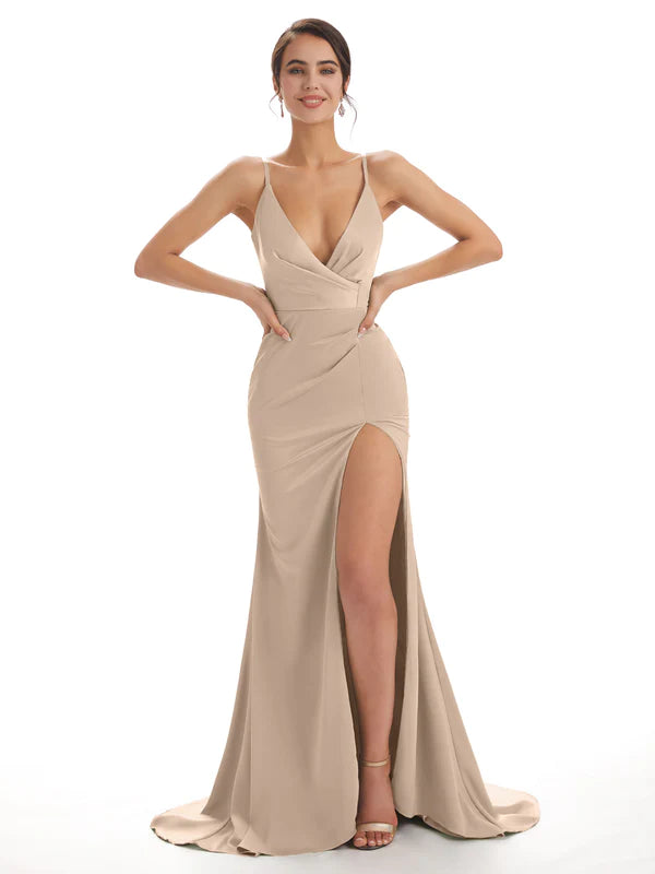 Mismatched Taupe Sexy Side Slit Mermaid Soft Satin Long Bridesmaid Dresses Online