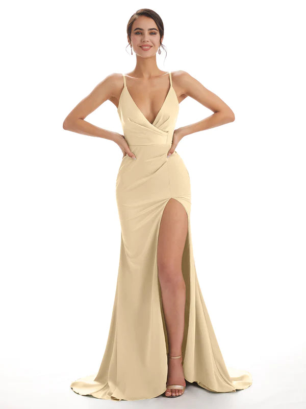 Mismatched Champagne Sexy Side Slit Mermaid Soft Satin Long Bridesmaid Dresses Online