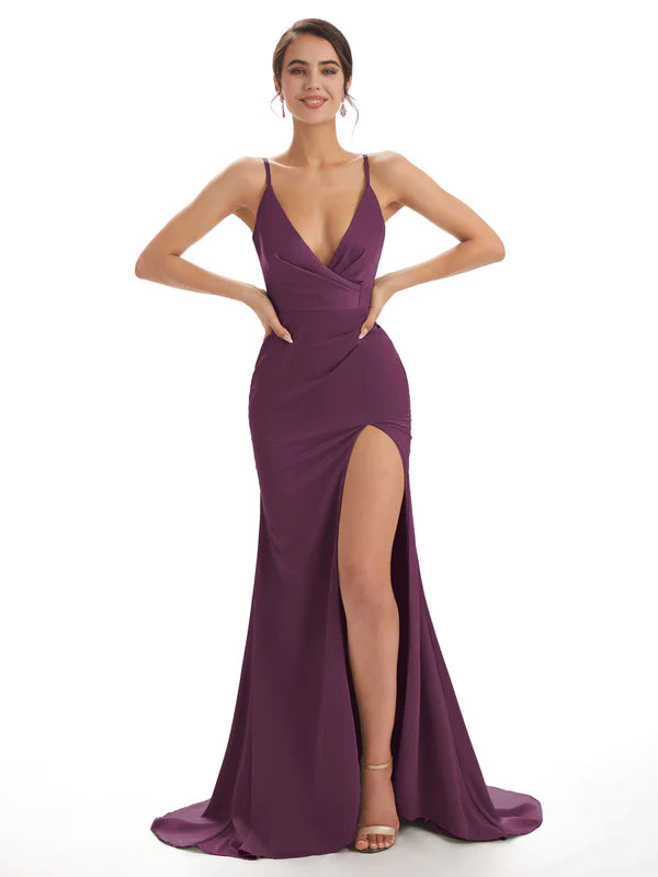 Mismatched Grape Sexy Side Slit Mermaid Soft Satin Long Bridesmaid Dresses Online