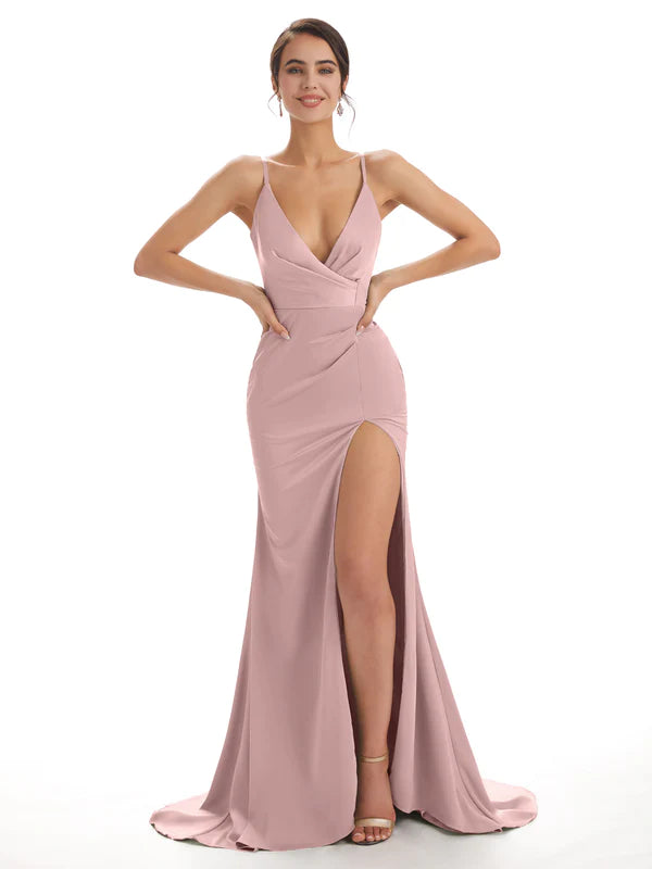 Mismatched Vintage-Mauve Sexy Side Slit Mermaid Soft Satin Long Brides - ChicSew Mismatched Vintage-Mauve Sexy Side Slit Mermaid Soft Satin Long Brides - ChicSew