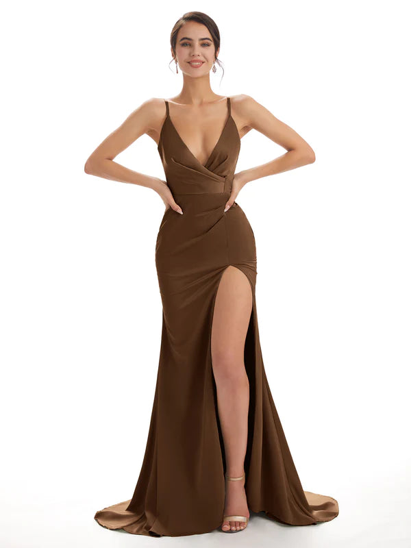 Mismatched Brown Sexy Side Slit Mermaid Soft Satin Long Bridesmaid Dresses Online