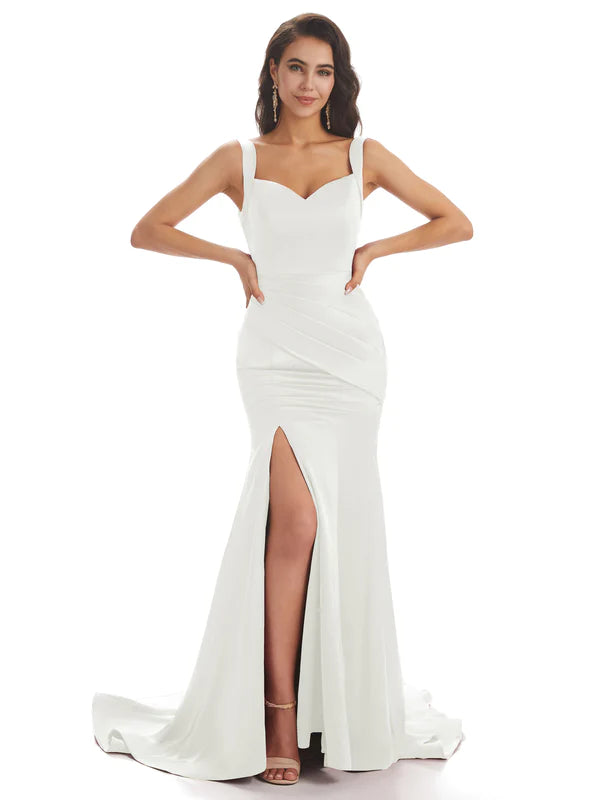Mismatched Ivory Sexy Side Slit Mermaid Soft Satin Long Bridesmaid Dresses Online