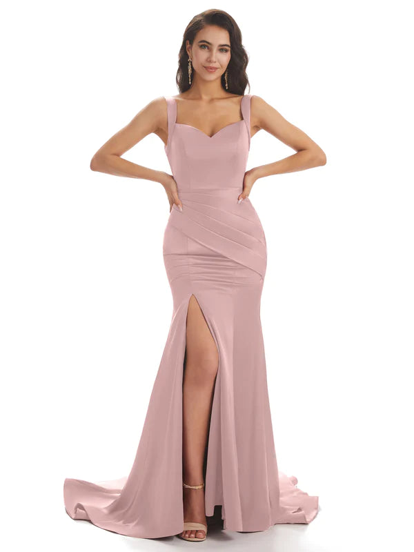Mismatched Vintage-Mauve Sexy Side Slit Mermaid Soft Satin Long Bridesmaid Dresses Online