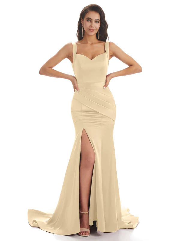 Mismatched Champagne Sexy Side Slit Mermaid Soft Satin Long Bridesmaid Dresses Online