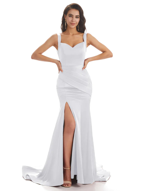 Mismatched White Sexy Side Slit Mermaid Soft Satin Long Bridesmaid Dresses Online
