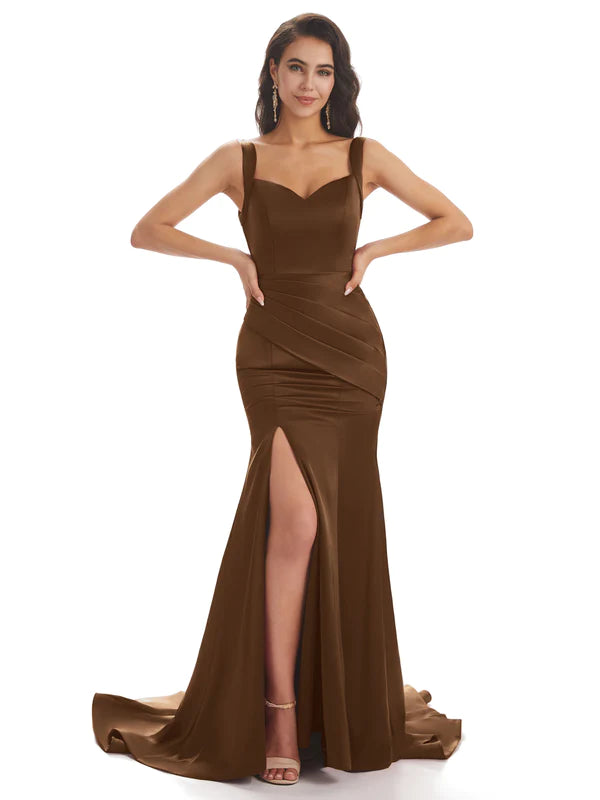 Mismatched Brown Sexy Side Slit Mermaid Soft Satin Long Bridesmaid Dresses Online