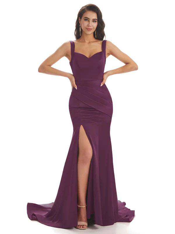 Mismatched Grape Sexy Side Slit Mermaid Soft Satin Long Bridesmaid Dresses Online