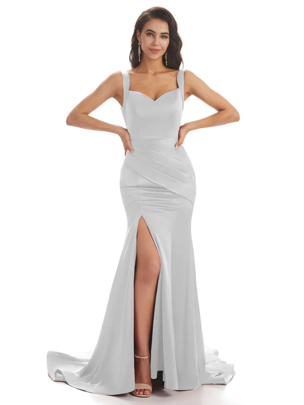 Mismatched Silver Sexy Side Slit Mermaid Soft Satin Long Bridesmaid Dresses Online