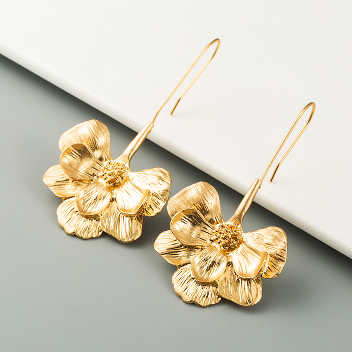 New Fashion Long Flower Ear Hook Earrings Simple Golden Temperament Earrings