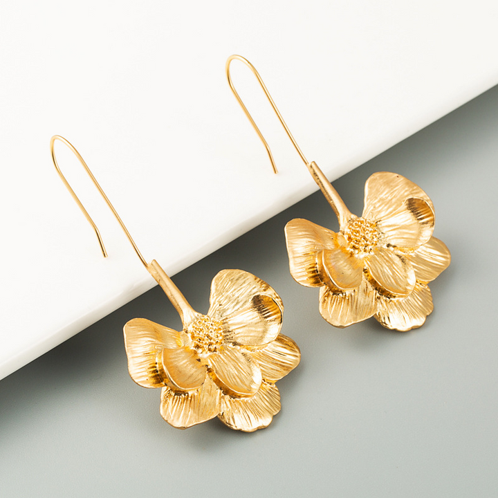 New Fashion Long Flower Ear Hook Earrings Simple Golden Temperament Earrings