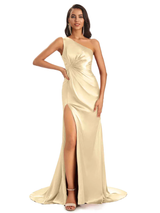 Mismatched Champagne Sexy Side Slit Mermaid Soft Satin Long Bridesmaid Dresses Online