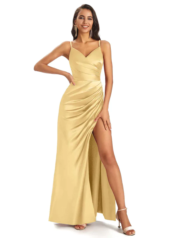 Mismatched Gold Sexy Mermaid Side Slit Soft Satin Long Bridesmaid Dresses Online