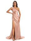 Mismatched Taupe Sexy Mermaid Soft Satin Long Bridesmaid Dresses With Slit