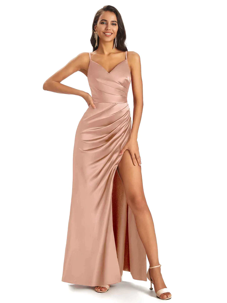Mismatched Rose Gold Sexy Mermaid Side Slit Soft Satin Long Bridesmaid Dresses