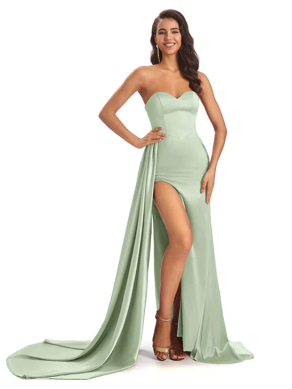 Mismatched Sage Sexy Mermaid Side Slit Soft Satin Long Bridesmaid Dresses Online