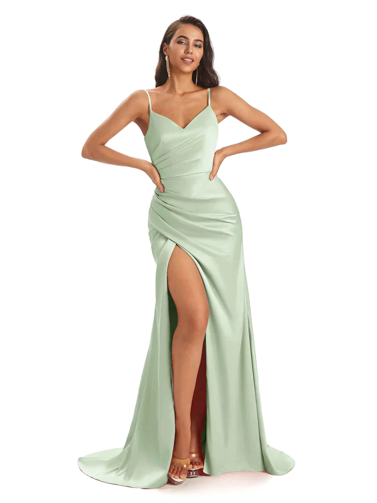 Mismatched Sage Sexy Mermaid Side Slit Soft Satin Long Bridesmaid Dresses Online