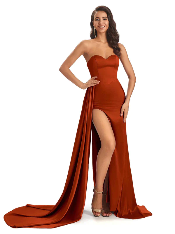 Mismatched Rust Sexy Side Slit Mermaid Soft Satin Long Bridesmaid Dresses Online