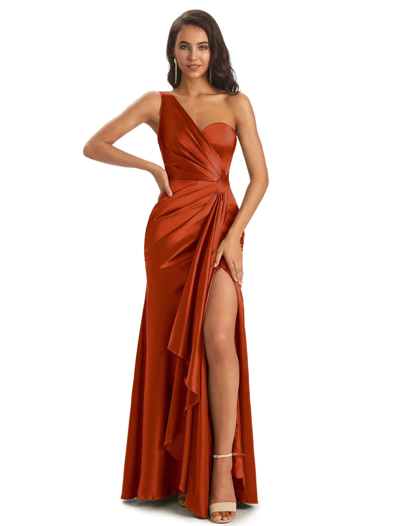 Mismatched Rust Sexy Side Slit Mermaid Soft Satin Long Bridesmaid Dresses Online