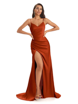 Mismatched Rust Sexy Side Slit Mermaid Soft Satin Long Bridesmaid Dresses Online