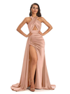 Mismatched Rose Gold Sexy Mermaid Soft Satin Long Bridesmaid Dresses With Slit