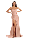 Mismatched Rose Gold Sexy Mermaid Soft Satin Long Bridesmaid Dresses With Slit