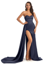 Sexy Mismatched Dark Navy Chic Silky Mermaid Soft Satin Long Bridesmaid Dresses With Slit