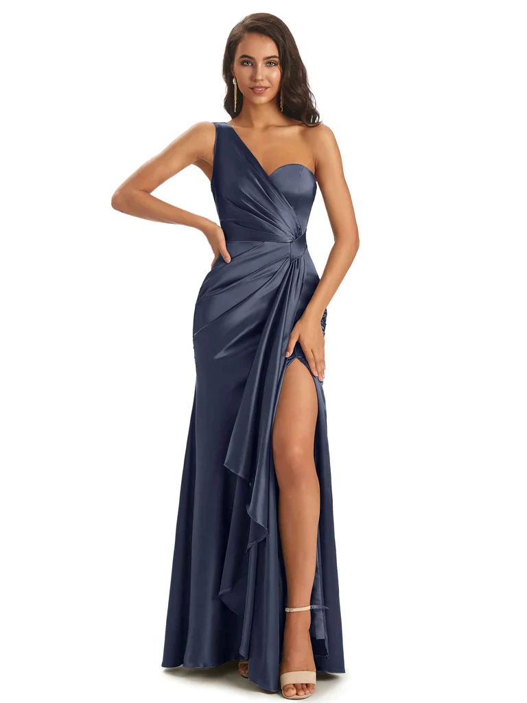 Sexy Mismatched Dark Navy Chic Silky Mermaid Soft Satin Long Bridesmaid Dresses With Slit